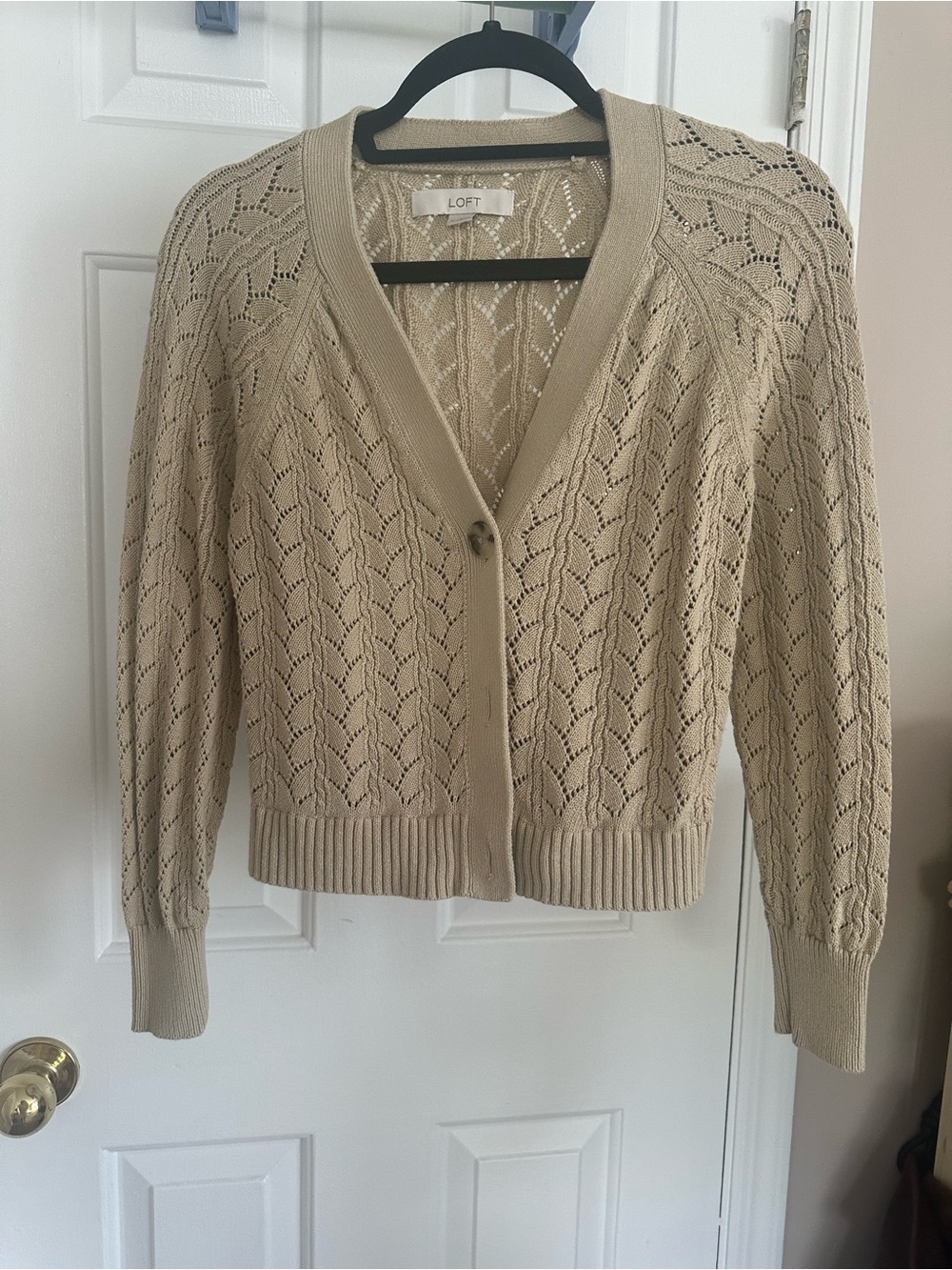 LOFT Pointelle Knit Cropped Cardigan | Sage Khaki | Size M